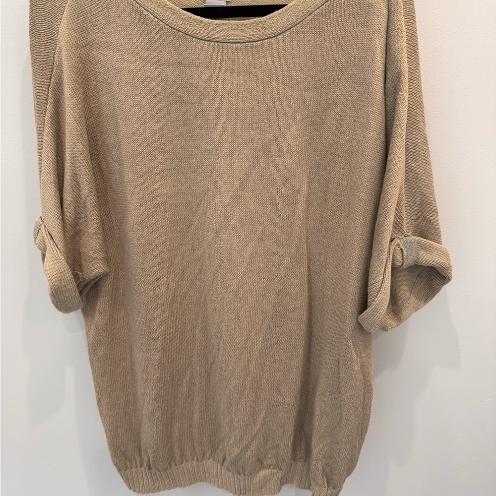 Chico's Beige Crew Neck Sweater with Metallic thread accents